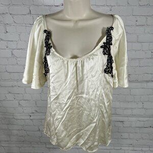 Chelsea Flower Ivory 100% Silk Rhinestones Embroidered Scoop Neck Blouse M